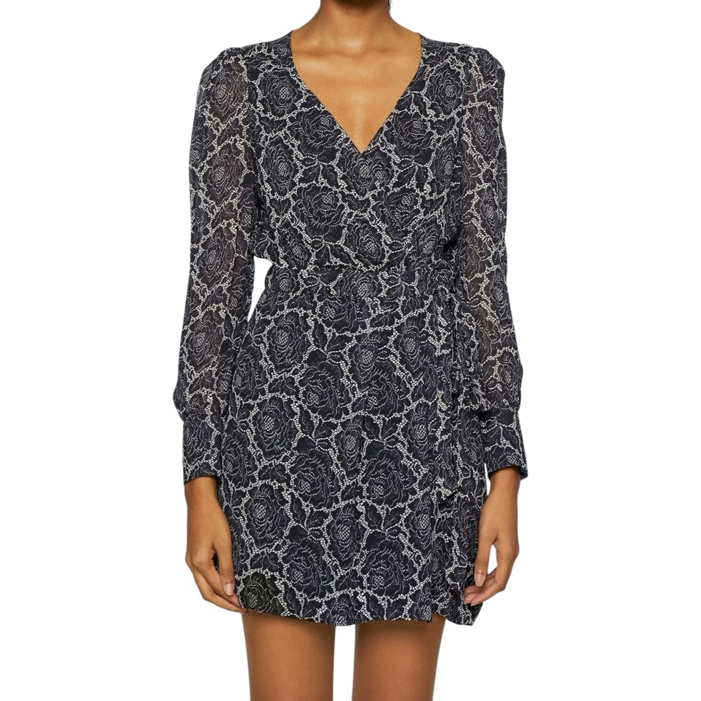 The Kooples Lace Roses Mini Wrap Dress Black Floral Long Sleeve Size 1 (Us 4)